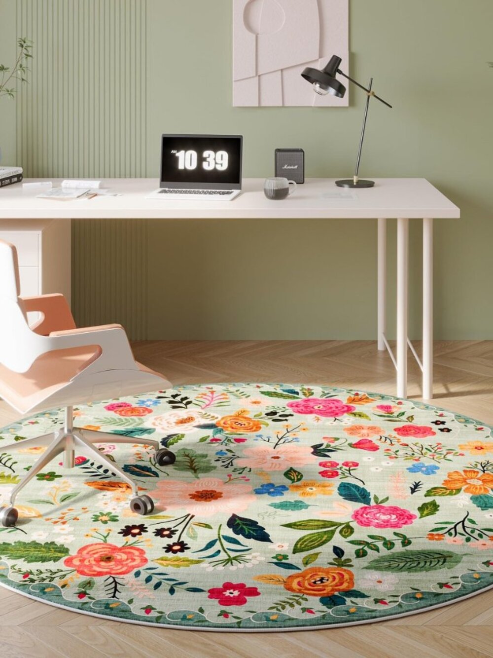 Round Area Rug 4ft Washable, Green - Picture 5 of 8